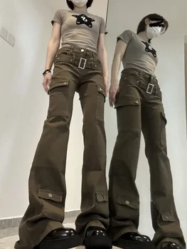 Американски реколта карго дънкови панталони жени 2024 лято тънък пристъп Y2k гръндж висока талия прави панталони Mujer