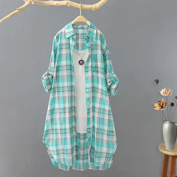 Винтидж дамска блуза 2023 Пролетни есенни карирани ризи Дълъг ръкав ежедневни хлабави блузи Завой-надолу яка бутон върховете Blusas Mujer