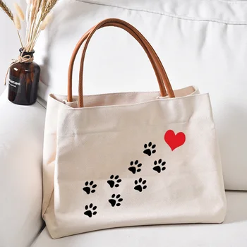 лапи и сърце отпечатани жени платно голяма пазарска чанта подарък за куче котка любовници работа чанта дама мода плаж чанта пазарска чанта