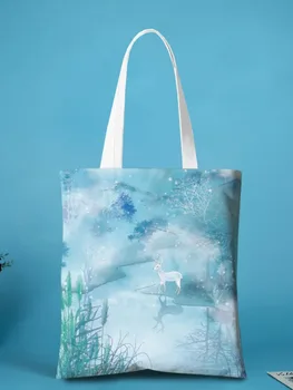 Национален стил отпечатани едно рамо платно чанта древна платно платно чанта пейзаж Ханфу чанта жените проста пазарска чанта чанта чанта