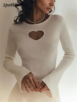 оребрени плетени пълен блясък ръкав O-образно деколте пуловер сърце форма изрязани тънък пуловер джъмпер жени твърди случайни мода трикотаж