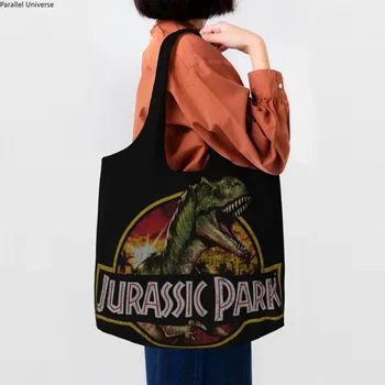 Рециклиране Джурасик паркове пазарска чанта жени рамо платно голяма пазарска чанта миещи се динозавър свят хранителни стоки купувач чанти чанти