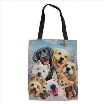 Сладък мопс голдън ретривър Лабрадор карикатура кучета печат пазарски чанти за момичета жени голяма пазарска чанта дами платно чанта по поръчка