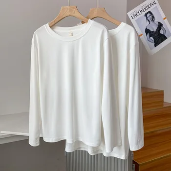 Удебелена долна риза с бял дълъг ръкав тениска за дамска пролет, есен, зима, 2023 Корейска версия хлабав пластове отгоре