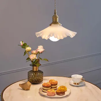 Японска цветна пъпка за хранене висулка светлина модерен прост месинг бяло стъкло дървен ресторант спалня нощно шкафче висяща лампа