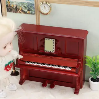 1/12 Реколта миниатюрни ретро пиано комплект Dollhouse мини пиано с табуретка музикален инструмент модел за кукла къща аксесоари декор