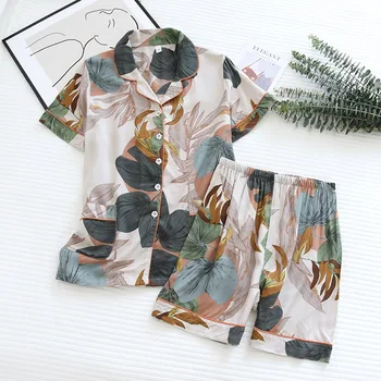 100% памук вискоза лято нови дамски пижами тънка секция къс ръкав цветен печат пижами домашен сервиз дами пижами жени