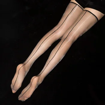 1D Ултра тънък прозрачен бедрото високи чорапи жени секси масло блясък дълги чорапи ретро обратно линия Seamed Medias Glossy трикотаж