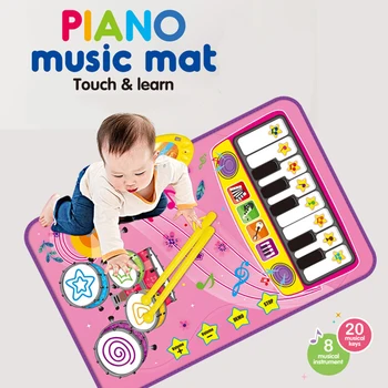 2 в 1 малко дете пиано клавиатура мат регулируема сила на звука джаз барабан музика сензорна игра мат водоустойчив за малки деца възраст над 18 месеца