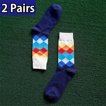 2 чифта гореща продажба мъже памучни чорапи цветни карирани модел ретро спортни чорапи комфорт високо качество средата тръба чорапи бърза доставка