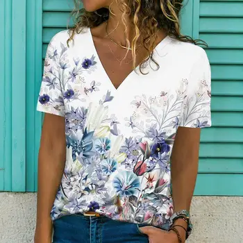 2022 Дамска тениска Лятна флорална тематичен печат Мода Топ V-образно деколте Основни Топ дами плюс размер тениска синьо червено бяло/3D печат
