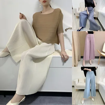 2023 Miyake плисирана ниша ширококрак разкроени панталони за жени пролет лято висока талия елегантен плътен цвят женски свободни панталони