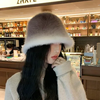 2023 Есен и зима корейски стил градиент заек кожа басейн шапка топло дами шапка шапка за жени шапки