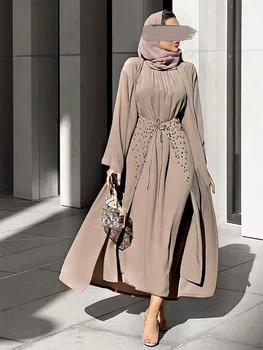 3 парче мюсюлмански комплект съвпадение облекло занаятчийски мъниста набръчкване отворен Abaya кимоно хиджаб рокля обвивка пола Дубай жени ислямско облекло