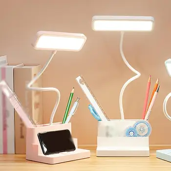 3 цвята LED настолна лампа с кутия за съхранение на писалка Димируема настолна лампа за защита на очите Интелигентна LED лампа с USB кабел за четене на ученици