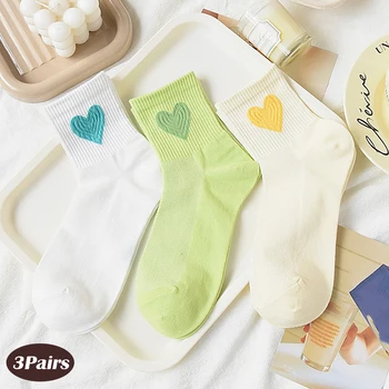 3 чифта летни тънки чорапи в средата на тръбата Дамски памучни дишащи анти-миризма универсални чорапи японски карикатура любов сърце спортове Sokken