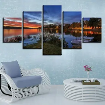 5 парчета Sunset Ship Lake Pictures Стена Art Tree Естествен пейзаж плакат 5 панел HD печат платно Начало декор без рамка 5 парче