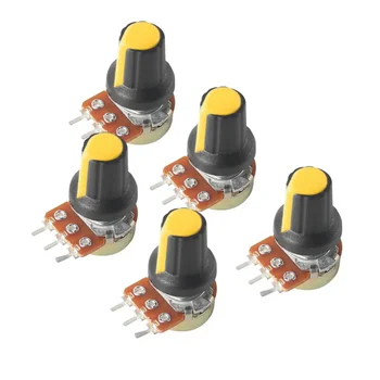 5PCS WH148 Потенциометър Линеен ротационен конус 3Pin 1K-1M Ohm Променливи резистори 15mm вал с жълти AG2 копчета, гайки и шайби