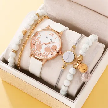 5PCS Комплект Дамска гривна Кварцови часовници за жени Кожен часовник Дамска спортна рокля Rose Dial Wrist Watch Clock Relogio