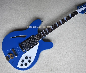 6 струни Navy Blue полу-куха електрическа китара с бяло подвързване, Rosewood Fretboard