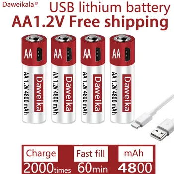 AA акумулаторна литиева батерия, 1.2V USB акумулаторна AA батерия, AA, 4800mAh, дистанционно управление за играчка мишка, безплатна доставка CE FCC