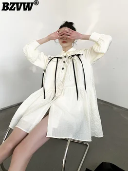 BZVW Подвижна жилетка лък Питър Пан яка текстура плат рокли Дамски 2023 пролет нов елегантен случайни универсален рокля женски