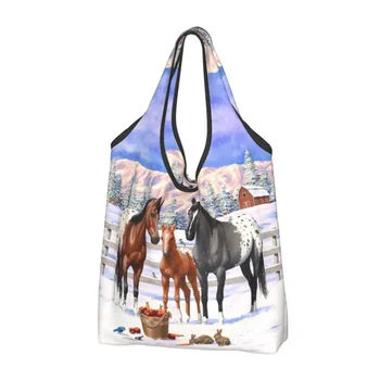 Custom Appaloosa коне през зимата пазарски чанти жени преносим голям капацитет хранителни стоки фермерска къща животните голяма пазарска чанта