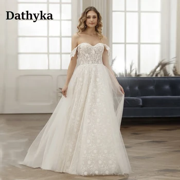 Dathyka Модерни тюл сватбени рокли за жена парти дантела апликации на разстояние от рамото цип бутон Vestidos De Novia Brautmode