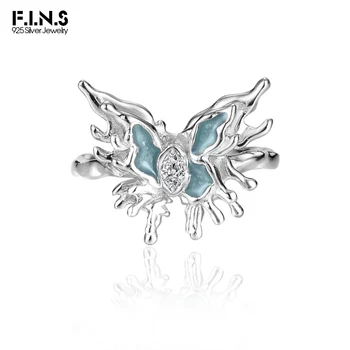 F.I.N.S Оригинален S925 стерлинги сребро син емайл неправилна пеперуда пръстен отворен показалец фини бижута жени аксесоари