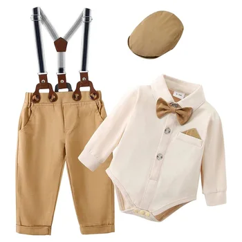 FOCUSNORM Бебе бебе момчета джентълмен дрехи комплект дълъг ръкав бутон надолу гащеризон + регулируеми панталони окачване + шапка 0-24M