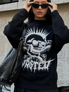 High Street Design Хип-хоп рок Y2K Diablo Harajuku High Street Skull Текст Естетическа мода Плетен пуловер Топ облекло