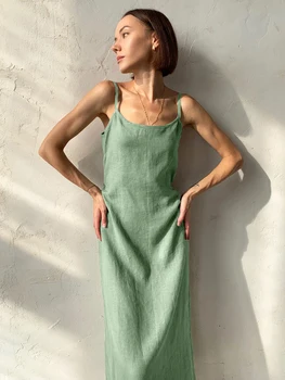 Hiloc Зелена памучна нощна рокля Жени Секси нощно облекло Спагети каишка Backless Lacing Mid-Calf Дамска нощница 2023 Пролет