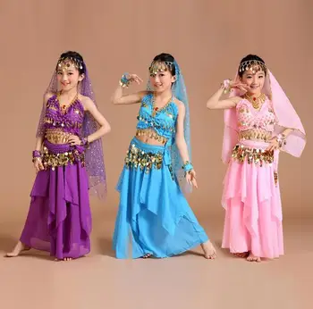 Hot 2017 Бели танц деца Индия костюм комплект 5PCS Боливуд танцови костюми момичета сцена изпълнение рокля изпълнение дрехи