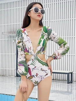 Japan Style Women One Pieces Swimsuit Long Sleeve Sunscreen High Cut Monokini Deep V Bodysuit Cutout Green