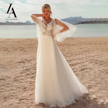 LelaAcra перли V-образно деколте сватбена рокля 2023 апликации 2 в 1 ръкав A-Line съд влак принцеса булка рокли OM104 Вестидо де Нойва