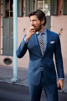 Peaked Lapel Custome Made 4 парчета (яке + панталон + кърпичка + вратовръзка) Bule Tuxedos Сватба мъже костюми по поръчка Terno Masculino Slim Fit