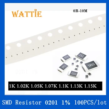 SMD резистор 0201 1% 1K 1.02K 1.05K 1.07K 1.1K 1.13K 1.15K 100PCS / партида чип резистори 1 / 20W 0.6mm * 0.3mm
