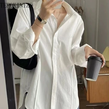 TEROKINIZO Случайни бяла риза жени плътен цвят дълъг ръкав блуза женски еднореден нова мода върховете Femme Blusas Mujer