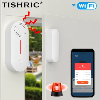 TISHRIC Smart Home Wifi сензор за врати/прозорци WiFi звукова светлина Магнитна аларма за врата Детектор за отваряне на вратата TUYA Alarm APP Control