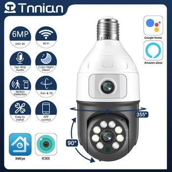 Tnnian 6MP двоен обектив E27 крушка PTZ WiFi камера с двоен екран AI човешко проследяване Вътрешна сигурност 4MP IP камера за наблюдение ICSEE PRO