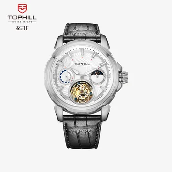 TOPHILL Мъжки Tourbillon Механични часовници Ръчно навиване Движение Светеща лунна фаза Ръчни часовници за мъже Сапфир водоустойчив