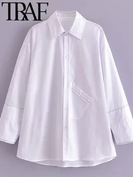TRAF Дамска мода Плътна риза Casual Slim Turn Down Collar Еднореден Единични джобове Блузи 2023 Есен