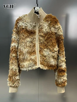 VGH пачуърк агнешка вълна случайни свободни якета за жени стойка яка дълъг ръкав снаждане цип зимни палта женска мода нов