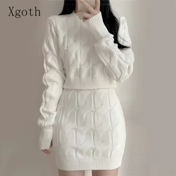 Xgoth Pure Sexy Skirt Set Winter Трикотажни Slim V-образно деколте Solid корейски стил пуловери Топ задните части обвити мини поли Комплекти от две части
