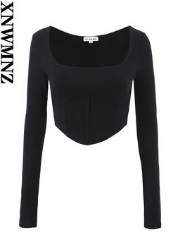 XNWMNZ 2023 Дамска мода плетена къса горна жена квадратна врата дълъг ръкав тънък отворен пъпна връв женски шик отгоре