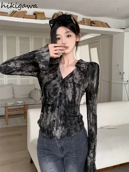 Y2k Блузи за жени Модни ризи с туника за боядисване на вратовръзка 2023 Blusas Mujer De Moda Корейски Crop Tops Harajuku Hole Лятна секси блуза