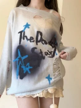 Y2k Естетически пролетни дупки Дамски пуловер Loose Pull Femme Punk Grunge Секси Hollow Out Дълъг ръкав Off Shoulder Harajuku Пуловер