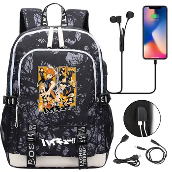 Аниме волейбол Юношески тийнейджър USB зареждане лаптоп раница жени мъже раница деца училище книга чанта Mochila пътуване чанта