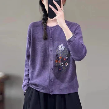 Дамски плетене жилетка пуловер 2023 есен пролет тънки ретро бродерия цветя хлабав случайни дама трикотаж палто YoYiKamomo