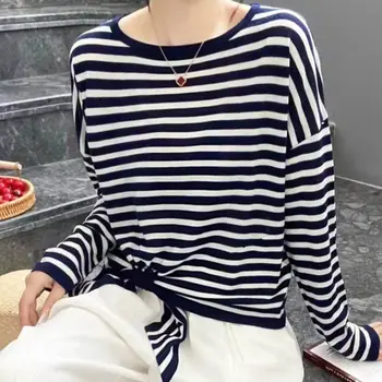 Дамски пуловер женски есен пролет корейска мода дълъг ръкав черно бели ивици тениска лък риза 100% памук върховете